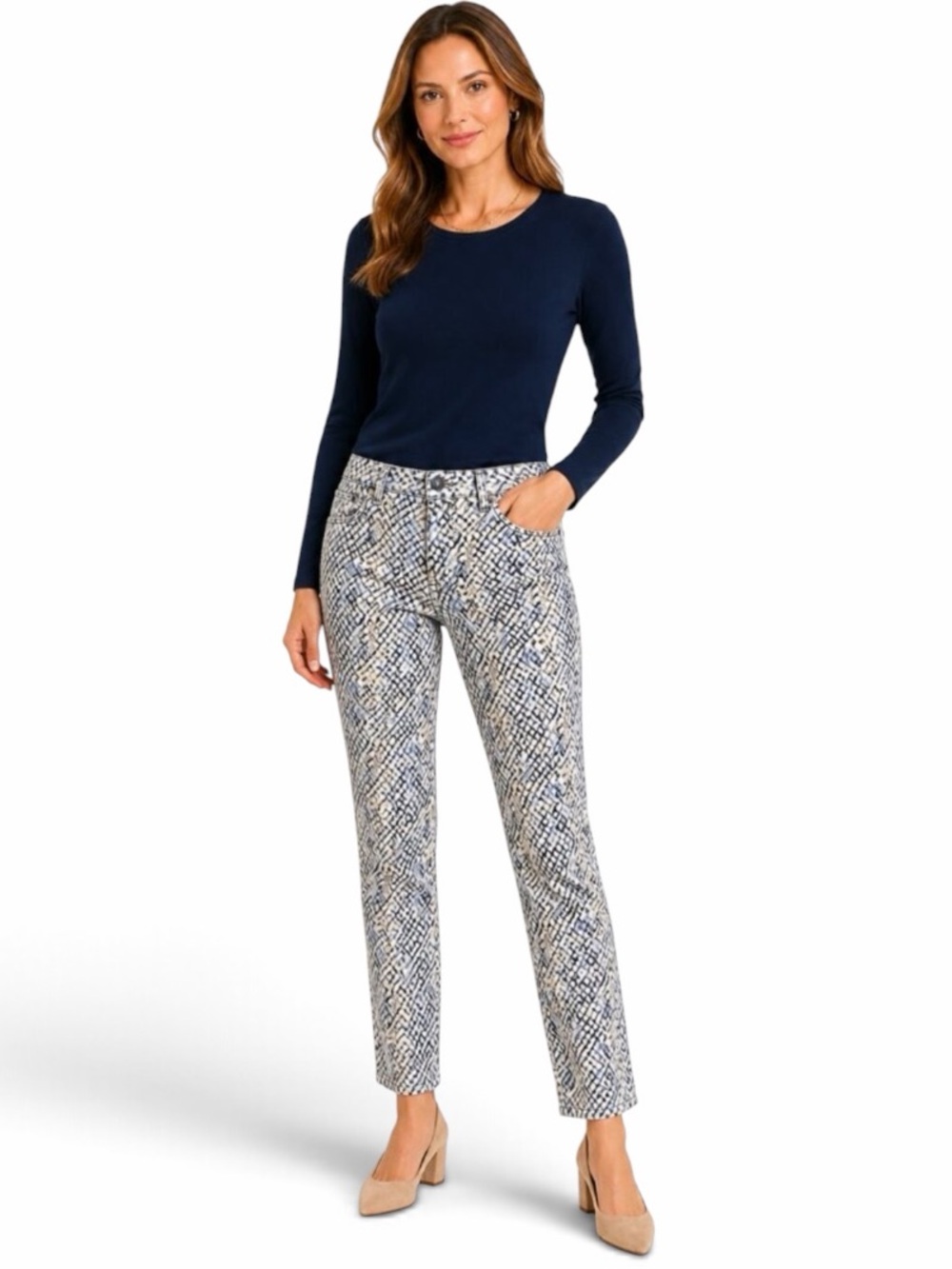 the J.McLaughlin Blue Cream & Tan Snakeskin Print Lexi Skinny Jeans Size 4